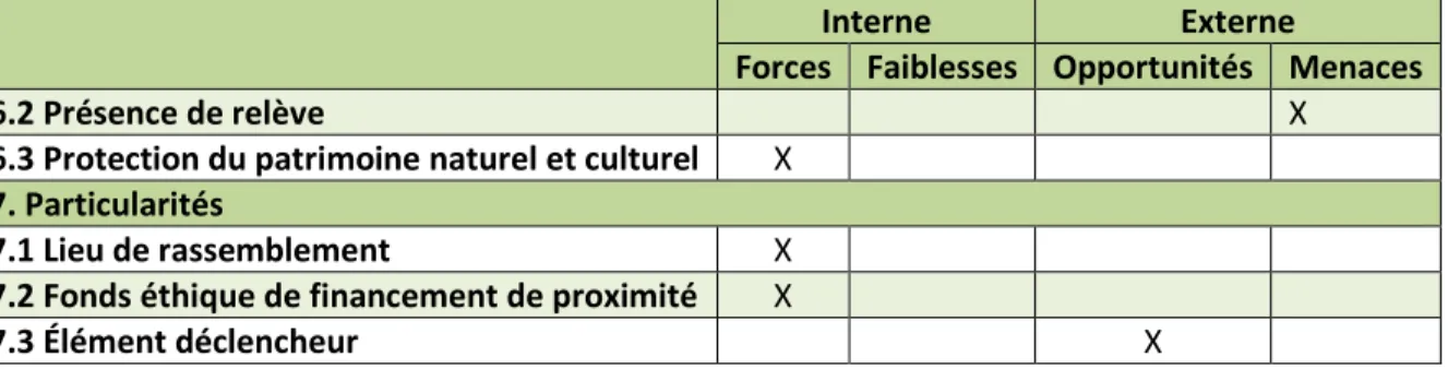 Tableau 4.1 Analyse FFOM des projets communautaires de la municipalité de Saint-Camille (suite) 