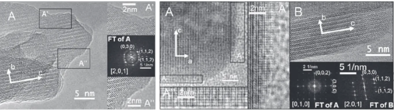 Fig. 4. (Left) High resolution TEM image of a portion of apatite synthesized at 40 ! C (main panel, left), related FT and zoomed view of two border regions (right panels)