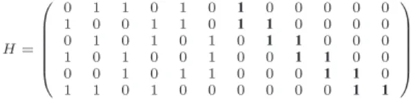 Fig. 1. Example of LDPC-Staircase parity check matrix, with k = 6, n = 12, N 1 = 3 (NB: the example is too small to highlight its sparseness nature).