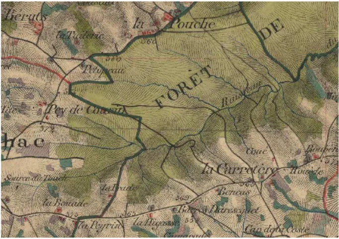 Figure 7 : Représentation cartographie de la forêt sur la carte d’Etat Major 1850 (source : IGN)  La  carte  d’Etat-Major  au  1/80000  a  été  gravée  à  partir  des  réductions  sur  papier  huilé  des  dessins-minutes  au  1/40000