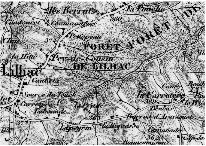 Figure 8 : Représentation cartographie de la forêt sur la carte d’Etat Major 1 :80000 (source : IGN) Entre  1889  et  1898,  une  révision  de  la  carte  d’Etat-Major  a  été  réalisée,  publiée  en  quarts  de  feuilles  au  1/80000,  soit  965  feuilles