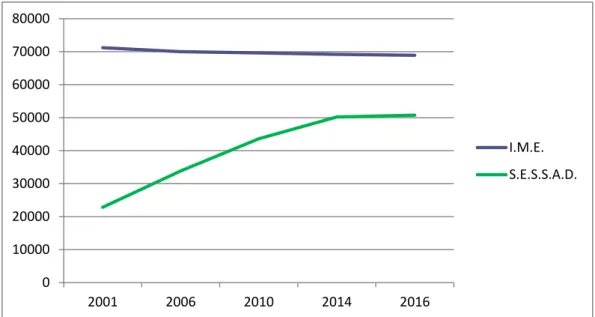 Graphique 1 : Evolution du nombre de places en E.S.M.S. pour les enfants en situation de handicap entre 2001  et 2016 