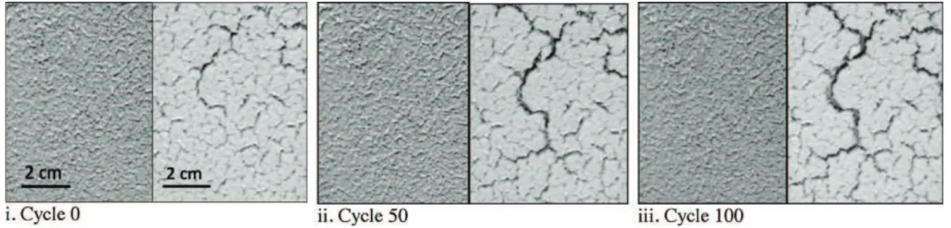 Fig. 5a compares the initial surface and surface evolution of spray-coated (left column) and dip-coated (right column) filled TBCs during cumulative one-h oxidation cycles at 1100 ◦ C, i.e