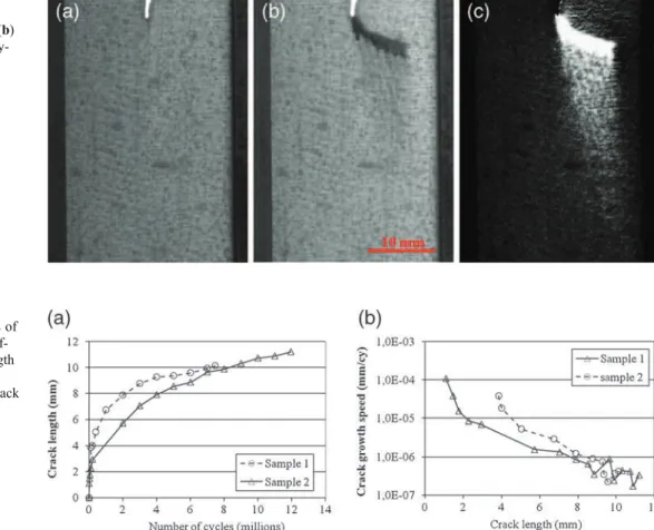 Fig. 18 Experimental results of fatigue crack growth for 2  dif-ferent samples: (a) crack length versus number of cycles, (b) crack growth speed versus crack length