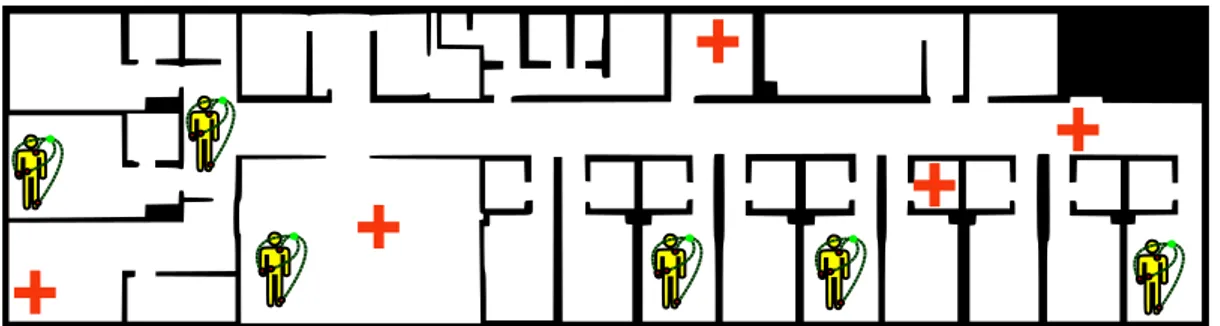 Figure 3.2 – Bâtiment avec des patients portant des capteurs (jaune) et des médecins (croix rouge).