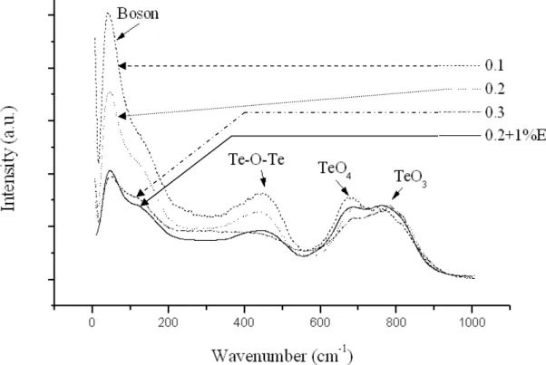Figure II.2 : Spectres Raman de verres (1-x)TeO 2 -xMgO avec 0,1<x<0,3 et effet d’un dopage par les  ions Er 3+ 