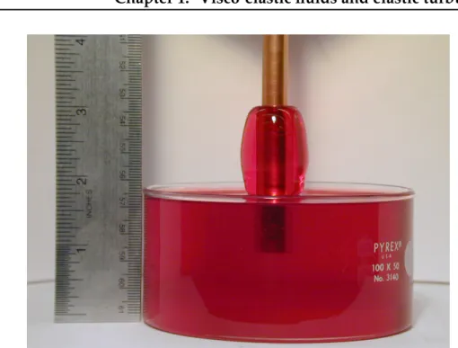 Figure 1.1: Example of the Weissenberg eﬀect with fluid climbing the rotat- rotat-ing rod (picture from web.mit.edu).
