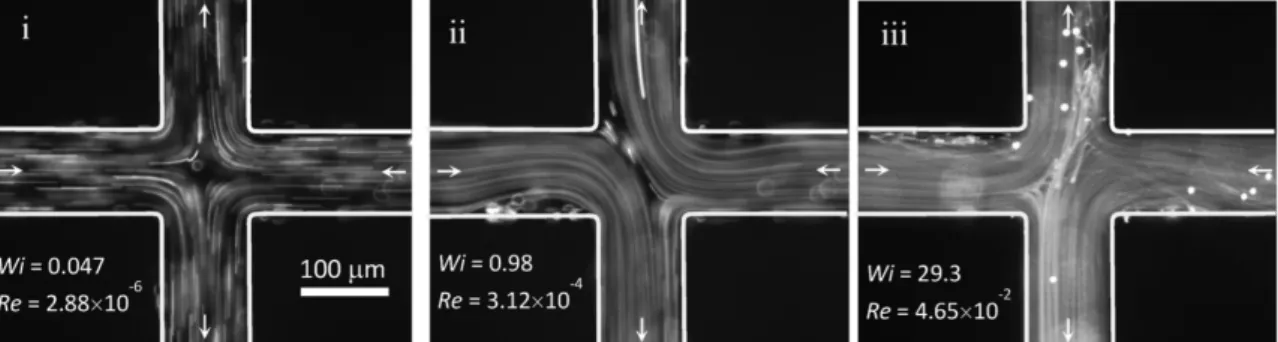 Figure 1.9: Flow patterns of visco-elastic fluid in the cross-slot geometry (i) Newtonian-like symmetric flow behaviour, (ii) steady asymmetric flow, and (iii) time-dependent flow