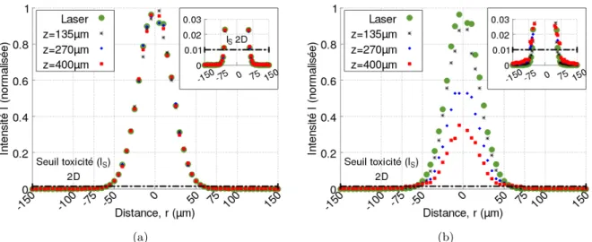 Figure 2.7 – Profils d’intensité I(r,z) obtenus par simulation de la propagation du faisceau laser à 1270nm lors de la traversée d’un sphéroïde