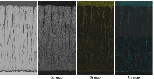 Fig. 16. Cross-sectional SEM micrograph of EBPVD TBC after CMAS exposure for 1 h at 1250 °C and corresponding elemental map.