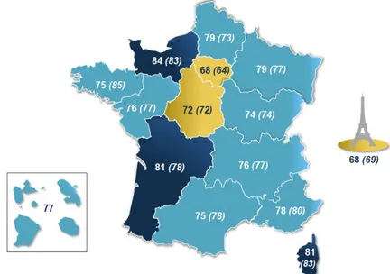 Figure 4 : Carte de la France représentant les prix de cession moyen des pharmacies en pourcentage  de CA par régions (17)