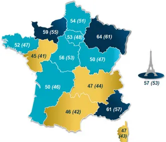 Figure 16 : Carte de la France représentant l’estimation du pourcentage d’officine en SEL au  01/01/2019 (17)
