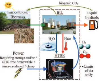 Figure 1. Principle and interest of BtL and HTSE hybrid process to produce biofuels. 