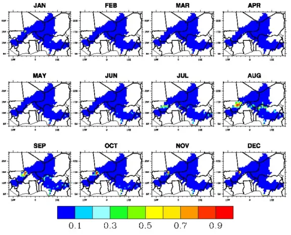 Figure 3.11: Spatial distribution of the normalized CPP flooded fraction averaged over 2002–2007 (the monthly value is devided by the maximum monthly value between 2002 and 2007).