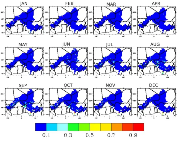 Figure 3.12: As in Fig. 3.11, except for ISBA-TRIP simulation forced by TRMM (the monthly value is divided by the maximum monthly value between 2002 and 2007).