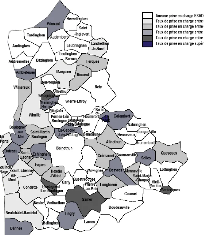 Figure 2 : Taux de recours à l’ESAD dans la population de plus de 60 ans dans les  communes du Boulonnais 