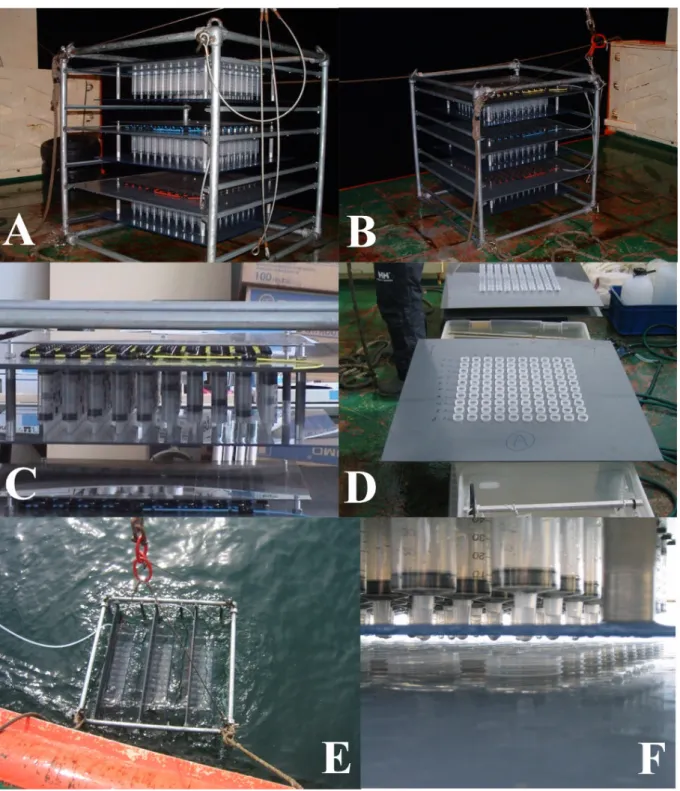 Figure 14. Photographies du “3DMapper” lors de son utilisation sur le navire océanographique « Côte de la  Manche » au printemps 2004 (A, B et E)