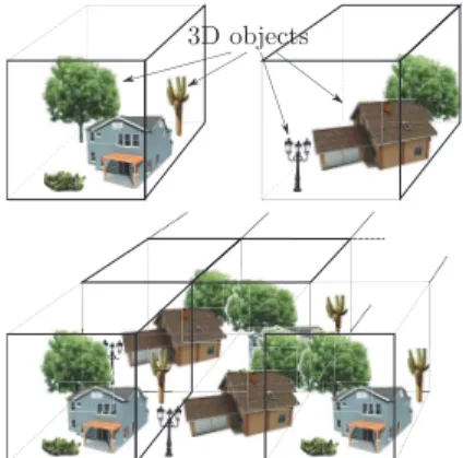 Figure 1: Using a tiling set of two predesigned tiles (top) in a 3D world tiling process (bottom)