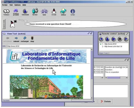 Figure 2.4: L’application du cˆot´e conf´erencier. On peut entre autre voir la fenˆetre de diffusion des diapositives, l’assistant qui fait part d’un ´ev`enement.