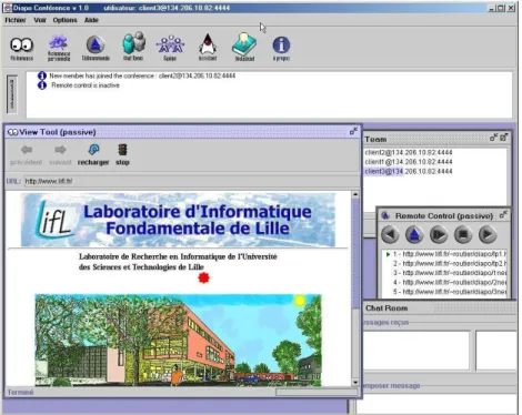 Figure 2.5: L’application du cˆot´e auditeur, on peut remarquer le pointeur rouge repr´esentant la souris du conf´erencier et dont il reproduit les d´eplacements.