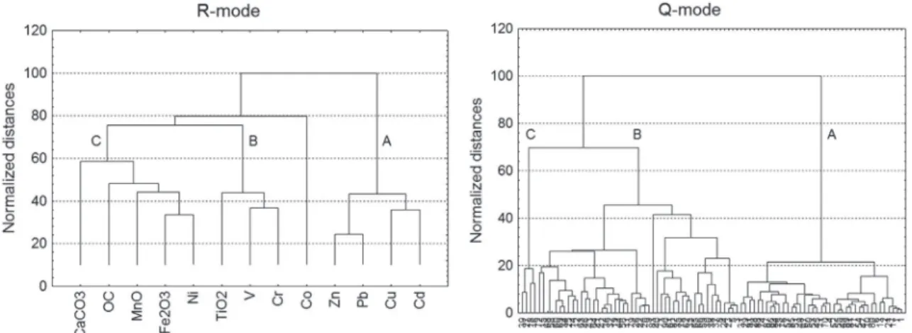Fig. 2. Results of R-mode and Q-mode cluster analysis performed on 91 samples collected across the Danube Delta in 2004e2007