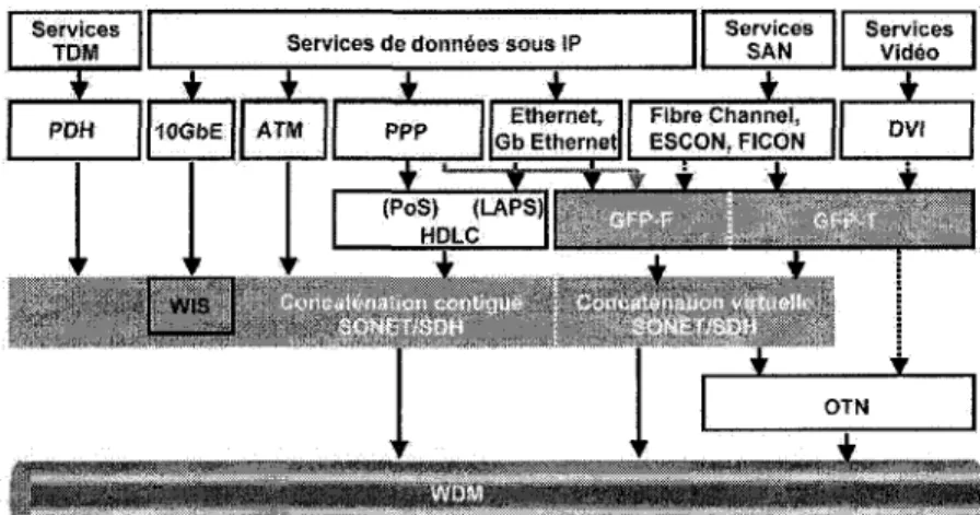 FIGURE 1.3 - Apergu de quelques protocoles employes dans les reseaux de communication  par fibre optique (Source : Agilent Technologies) 