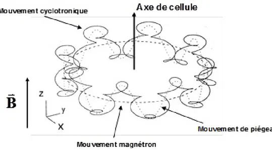 Figure 14. Trajectoire des ions dans une cellule à résonance cyclonique ionique (ICR),  illustrant les trois mouvements, piégeage, magnétron et cyclotronique