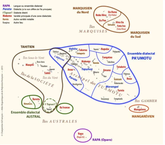 Figure  1 :  Carte  des  langues  parlées  en  Polynésie  française  tirée  de  l’Atlas  linguistique de la Polynésie française (Charpentier and François, 2015) 