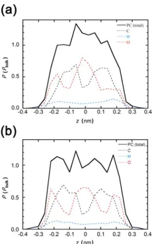 Figure 7. Distribution of PC molecule and the component atoms in the PC molecule along the slit width of CDC (a) and ACF (b).