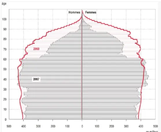 Illustration 1: Pyramide des âges en France métropolitaine en 2007 et  projection selon l'Insee