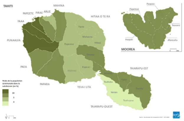 Figure 2.2 Communes de Tahiti et Moorea et le poids de la population (tiré de : ISPF, 2017d, p