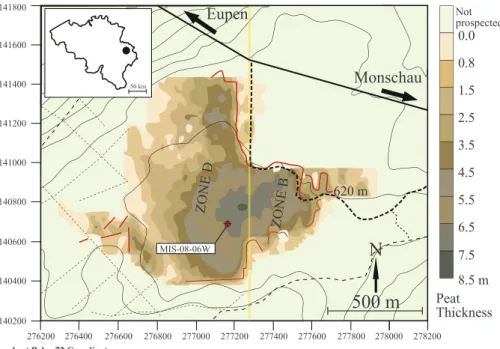 Fig. 1. The Misten bog (south of the Eupen-Monschau road) and the location of the MIS-08-06W peat proﬁle