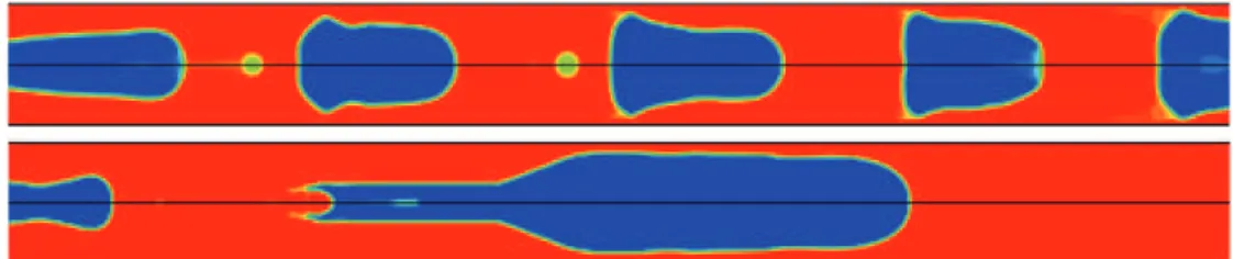 Fig. 13. A qualitative comparison of VOF simulations of bubble generation using HRIC scheme (top) and CICSAM scheme (bottom).