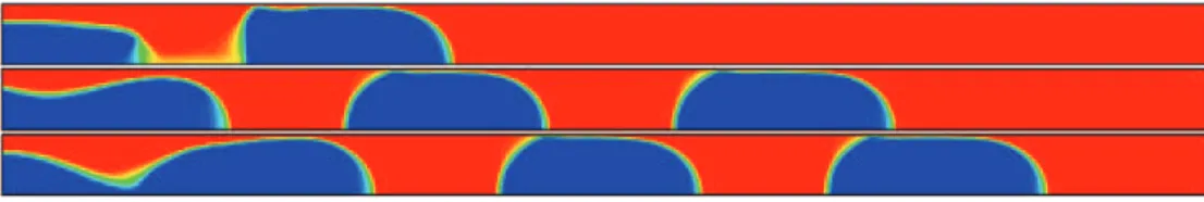 Fig. 11. VOF simulations of the process of bubble generation in a microchannel using the HRIC scheme at different times (3.6 ms, 7.0 ms and 8.5 ms).