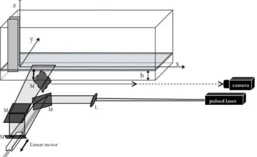 Figure 1: Experimental set-up. ”L” is a set of lenses that collimate and reduce the diameter of the laser  beam and spread it into a laser sheet
