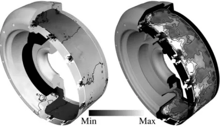 Figure 5: Flow visualisation. Left: instantaneous pressure field with pressure contours
