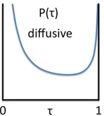Fig. 2 Distribution of transmission channels with coefficient τ for a diffusive scattering medium, given by Eq