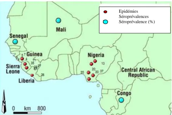 Fig. 2. Epidémies et séroprévalence du virus Lassa en Afrique de l’Ouest jusqu’en 2007   Des études ont retrouvé des anticorps chez l’Homme dans une zone large s’étendant du Sénégal à l’Ouest, au 