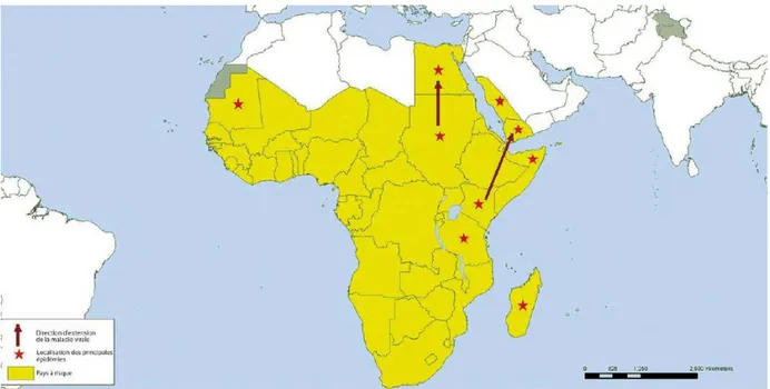 Fig. 10. Fièvre de la Vallée du Rift : distribution, épidémies et expansion (Tattevin, 2011)