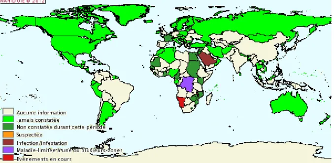 Fig. 11. Carte de distribution géographique de la FVR pour la fin d'année 2011 (OIE, 2011) 
