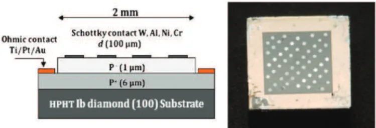 Fig. 2. Cross section and photography of the fabricated SBD device structure with W, Al, Ni, and Cr Schottky contacts on the top of the p − central area.