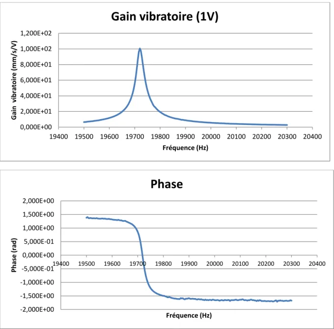 Figure 20 - Gain et Phase du gain vibratoire pour 1V  En augmentant le niveau de tension, le phénomène devient visible (Fig 21) : 