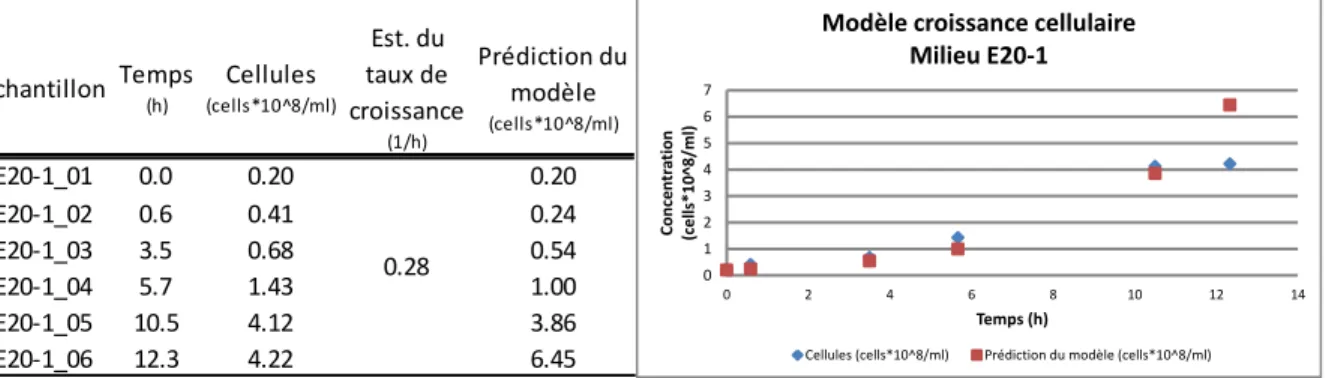 Tableau 3.12: Tableau et figure du modèle de croissance cellulaire développé pour le milieu de fermentation E20-1 