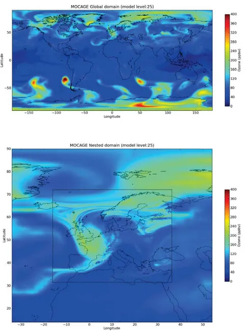 Figure 2.4 – Champs d’ozone au niveau mod` ele 25 (qui se situe entre 200 et 300 hPa) pour le domaine global (haut) et le domaine imbriqu´ e (bas) le 17 juillet 2009 ` a 15 :00 UT.