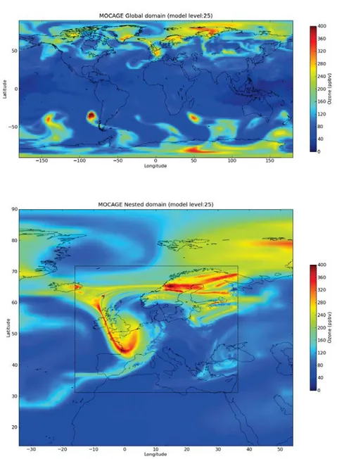 Figure 2.13 – Champs d’ozone au niveau mod` ele 25 (qui se situe entre 200 et 300 hPa) pour le domaine global (haut) et le domaine imbriqu´ e (bas) le 17 juillet 2009 ` a 15 :00 UT
