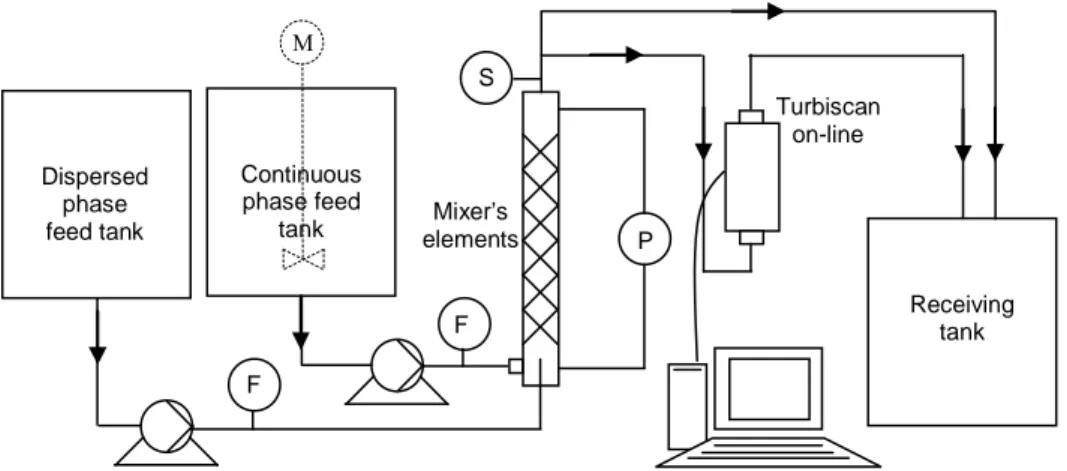 Figure III- 2 : Schematic diagram of the experimental rig: F: flowmeter; P: differential pressure sensor; S: 