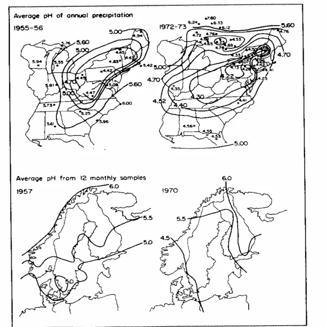 Figure 4 : Evolutions de l’acidité des précipitations dans l’est de l’Amérique du Nord et  dans le nord de l’Europe (Chemical and Engineering News, 1976)