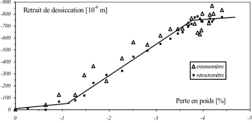 Figure I.1.7 : Evolution du retrait de dessiccation en fonction de la perte en poids du mortier 