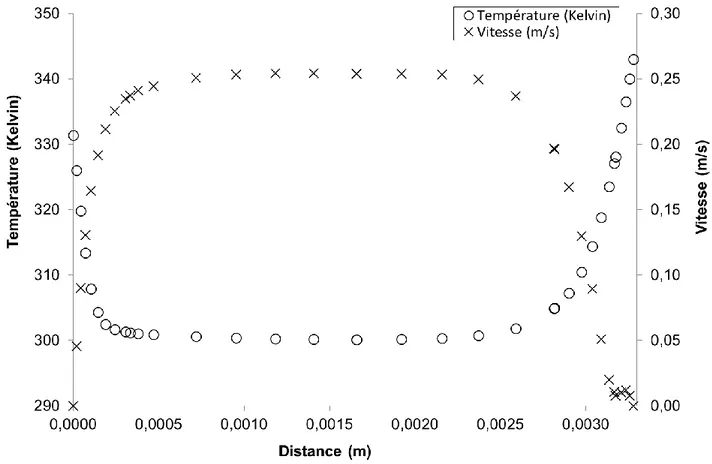 Figure 21. Profils de vitesse et de température transversaux à proximité de la sortie  du 4 ème  canal