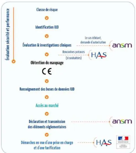Figure 5 : étapes récapitulant la mise sur le marché d’un dispositif médical en France 22